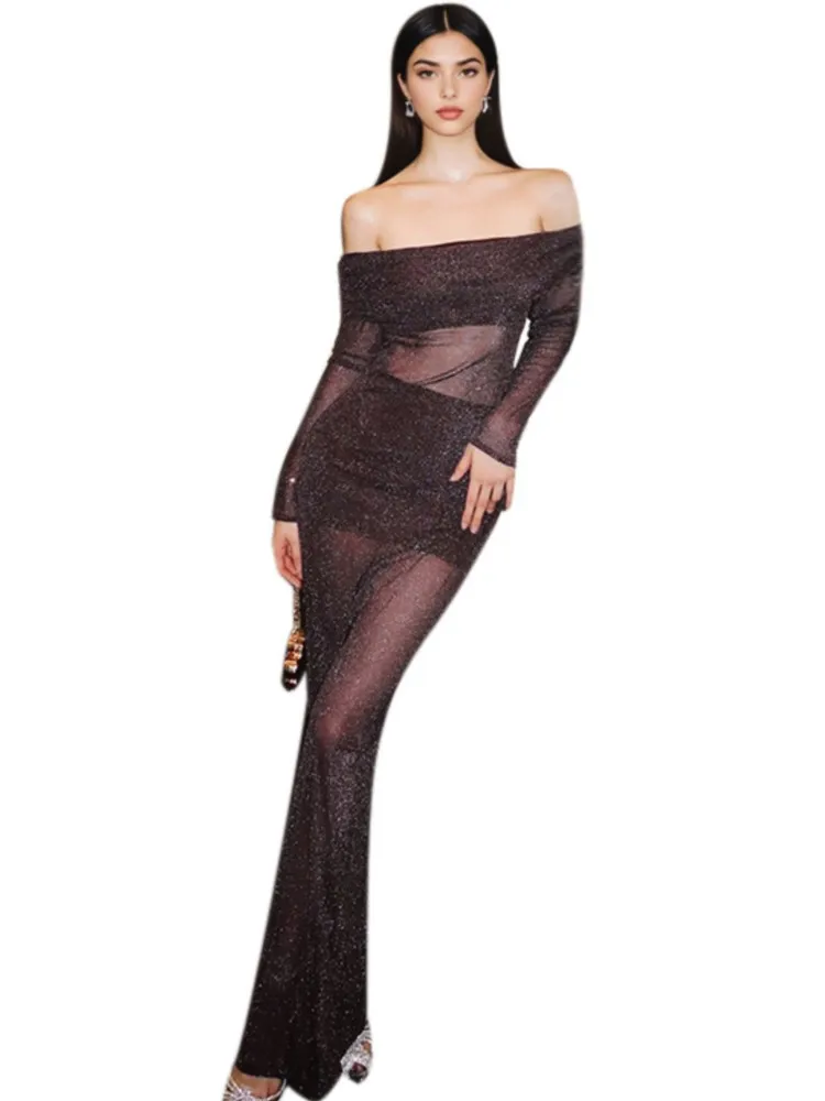 قبالة الكتف فستان رصاص المرأة الخريف الاتجاه كم طويل مثير أنيق مساء حفلة نحيل تمتد ماكسي Bodycon فساتين 2026