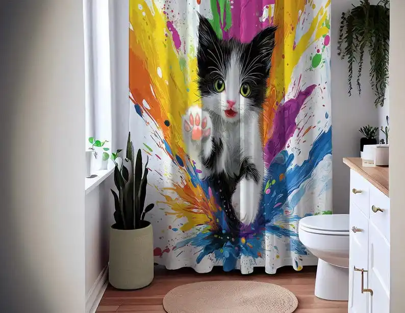 Colorful Kitten Art Shower Curtain, Waterproof Fabric Bath Curtain for Cat Lovers, Vibrant Bathroom Decor, Cute Feline Design