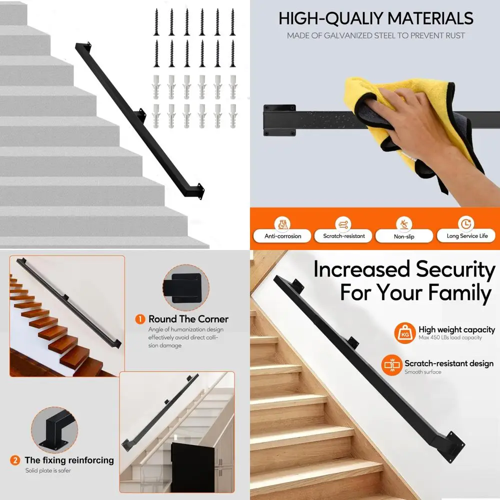 Corrimano per scale interne per carichi pesanti, ringhiera quadrata da 8 piedi, supporto a parete in metallo nero, capacità di carico di 440 libbre, impugnatura di sicurezza antiscivolo