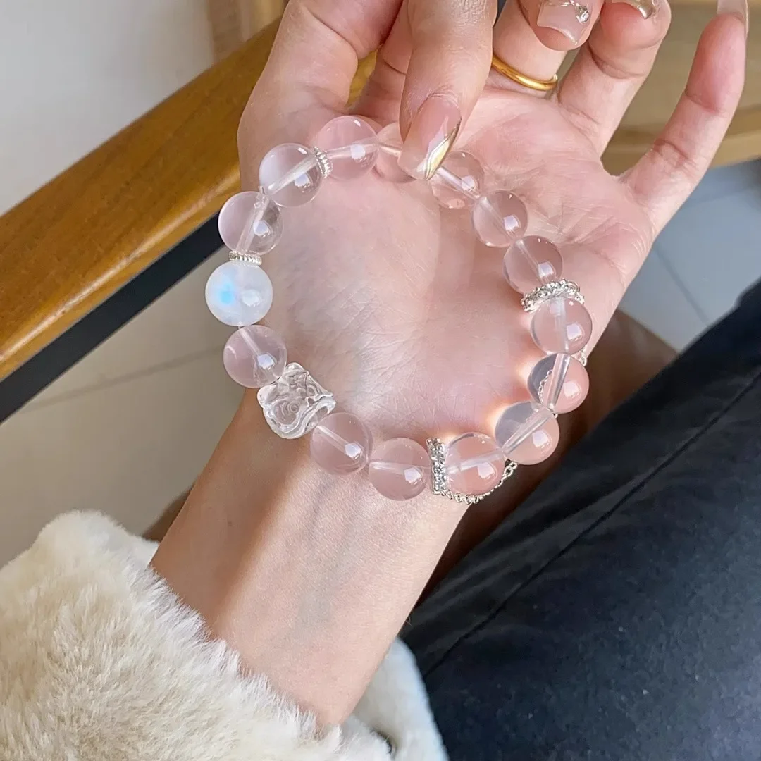 

Natural Pink Crystal Bracelet Female White Crystal Lion Dance Fashion Light Luxury Lucky Bracelet Niche Design