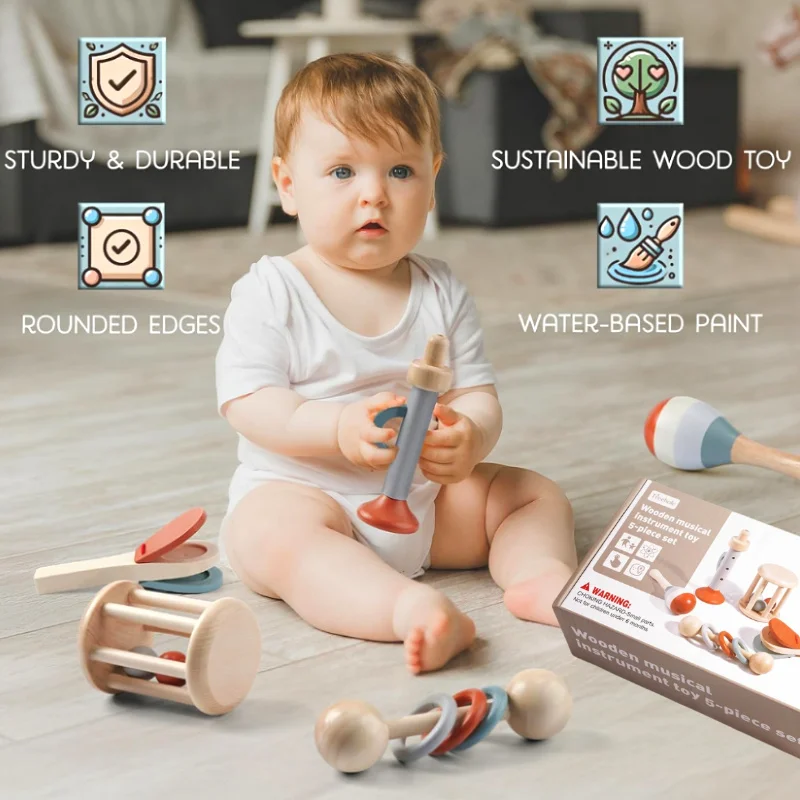 Chocalho infantil montessori de 5 peças e conjunto musical, brinquedo infantil de madeira, instrumentos de percussão para crianças, presente de aniversário pré-escolar