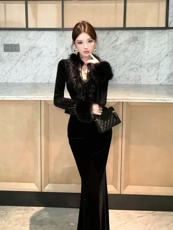 

Hebe Sle Velvet Dr And Coat Two-Piece Set Slim Fit Bodycon Skirt Long Sve High Waist Pure Color Autumn Winter Women's...