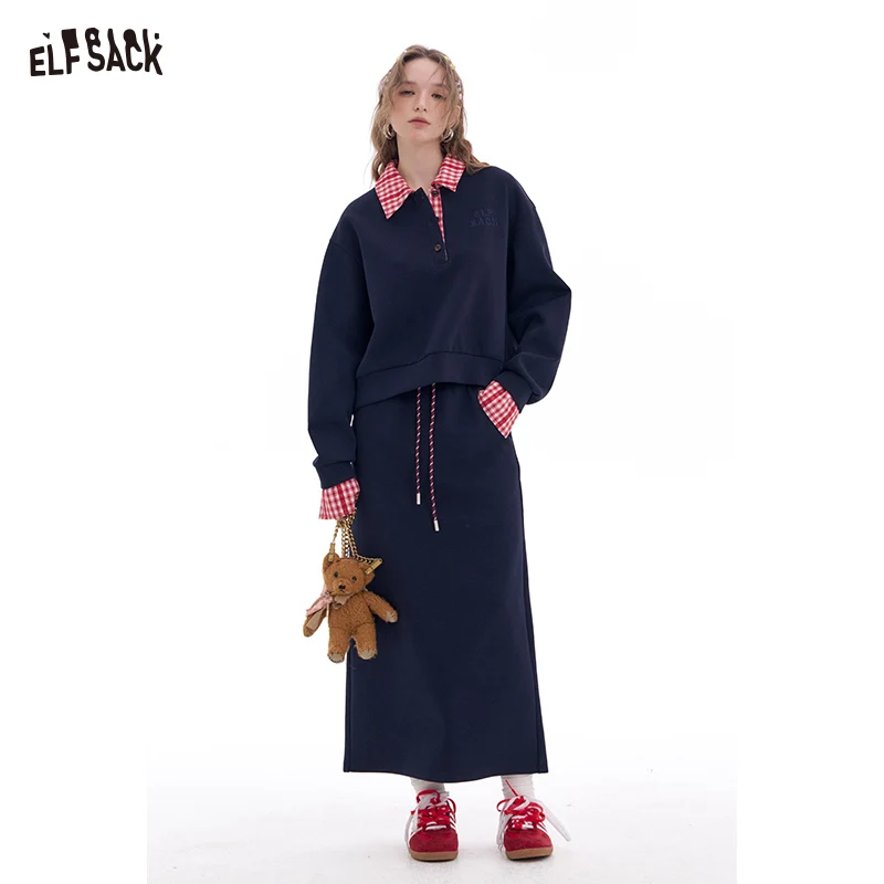 

ELFSACK 2025 Spring New Arrivals Fake Two Piece sweatshirt and elastic waist mid length skirt two-piece set Korean casual Sports