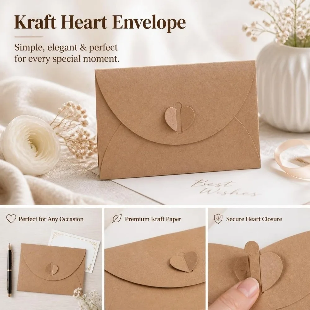 20pcs Rustic Clear Window Kraft Paper Envelope Self Seal Heart Clasp Clear Window Envelope DIY Card Envelope Party Favor Packing