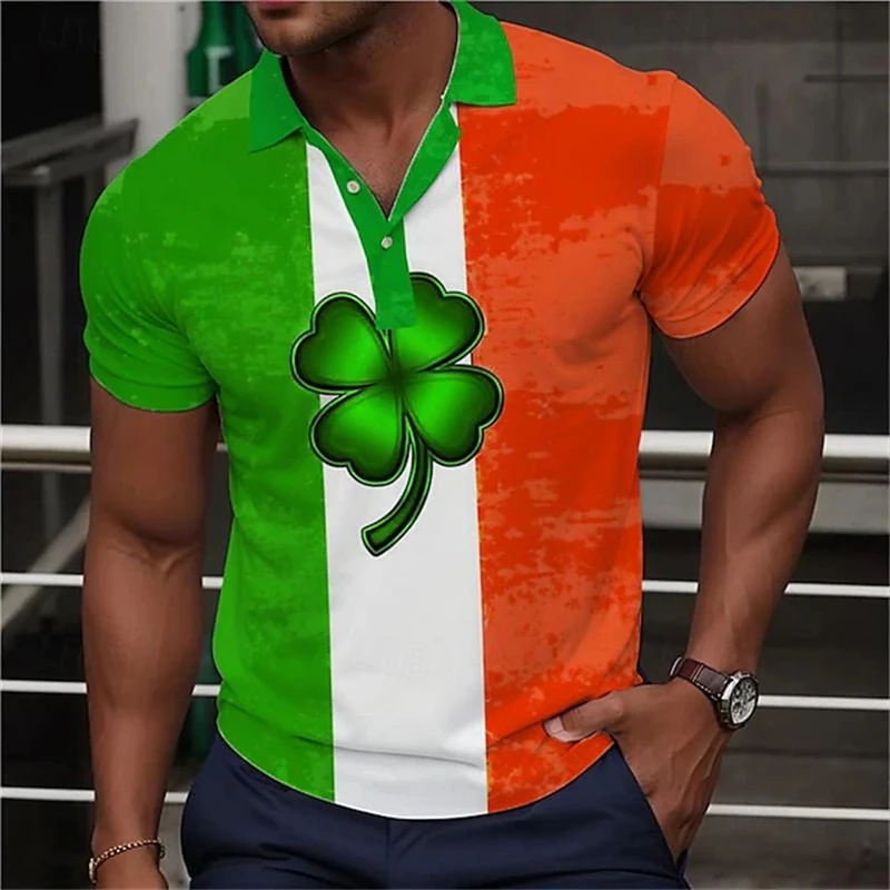 Four Leaf Clover Men's Casual 3D Print Polo Shirt Holiday Vacation Festival St. Patrick Pique Polo Shirt Short Sleeve Polo Tees