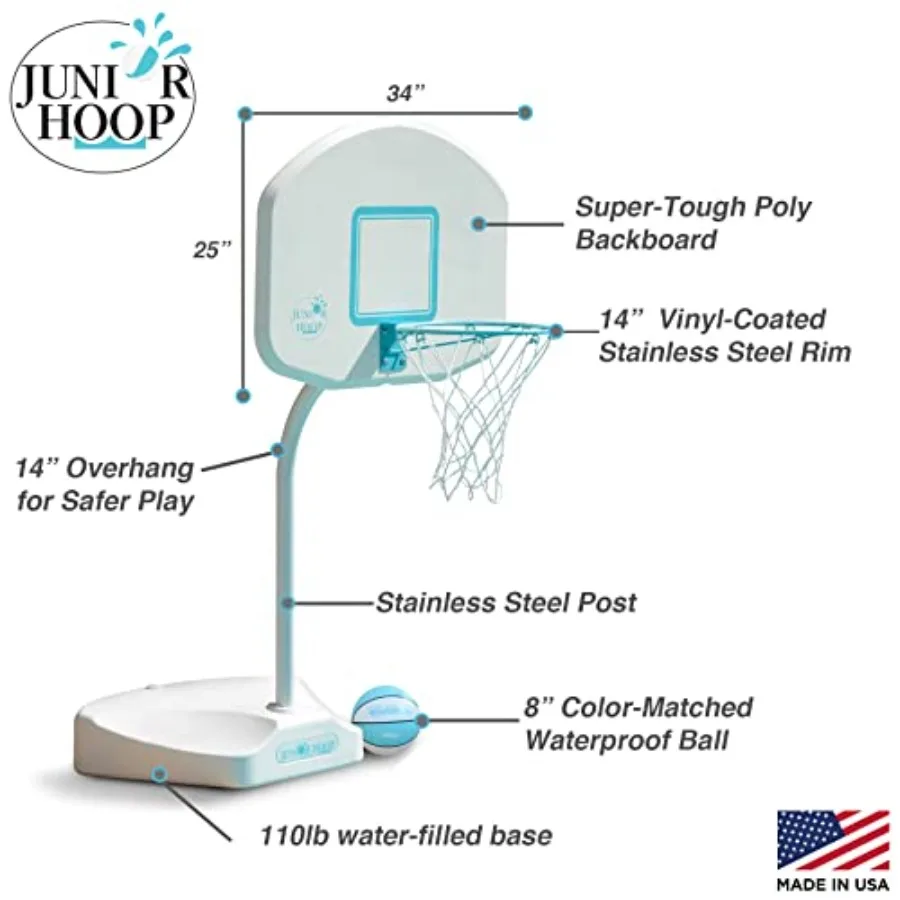 Dunn-Rite Junior Hoop Poolside Fillable Base Basketball Hoop with Ball Base and 14 Inch Stainless Steel Rim in White Ideal for