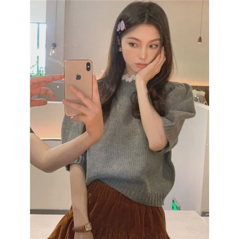 2024 Summer New Korean Style Lace Mock Neck Knitted Chic Women\'s Niche Puff Short Sleeve Versatile Ins Pullover Top