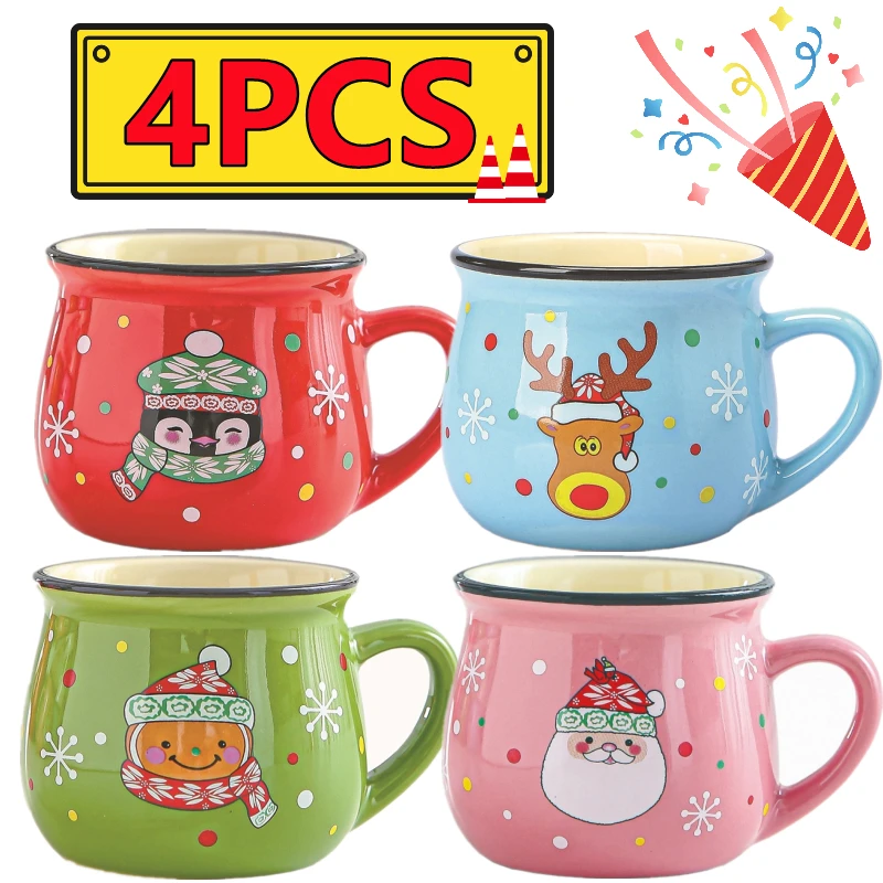 New 4/1PC Kawaii Christmas Mugs Ceramic Cups Santa Claus Elk Figurines Creative Gift For Office Home Milk Coffee Tea Cup Couples