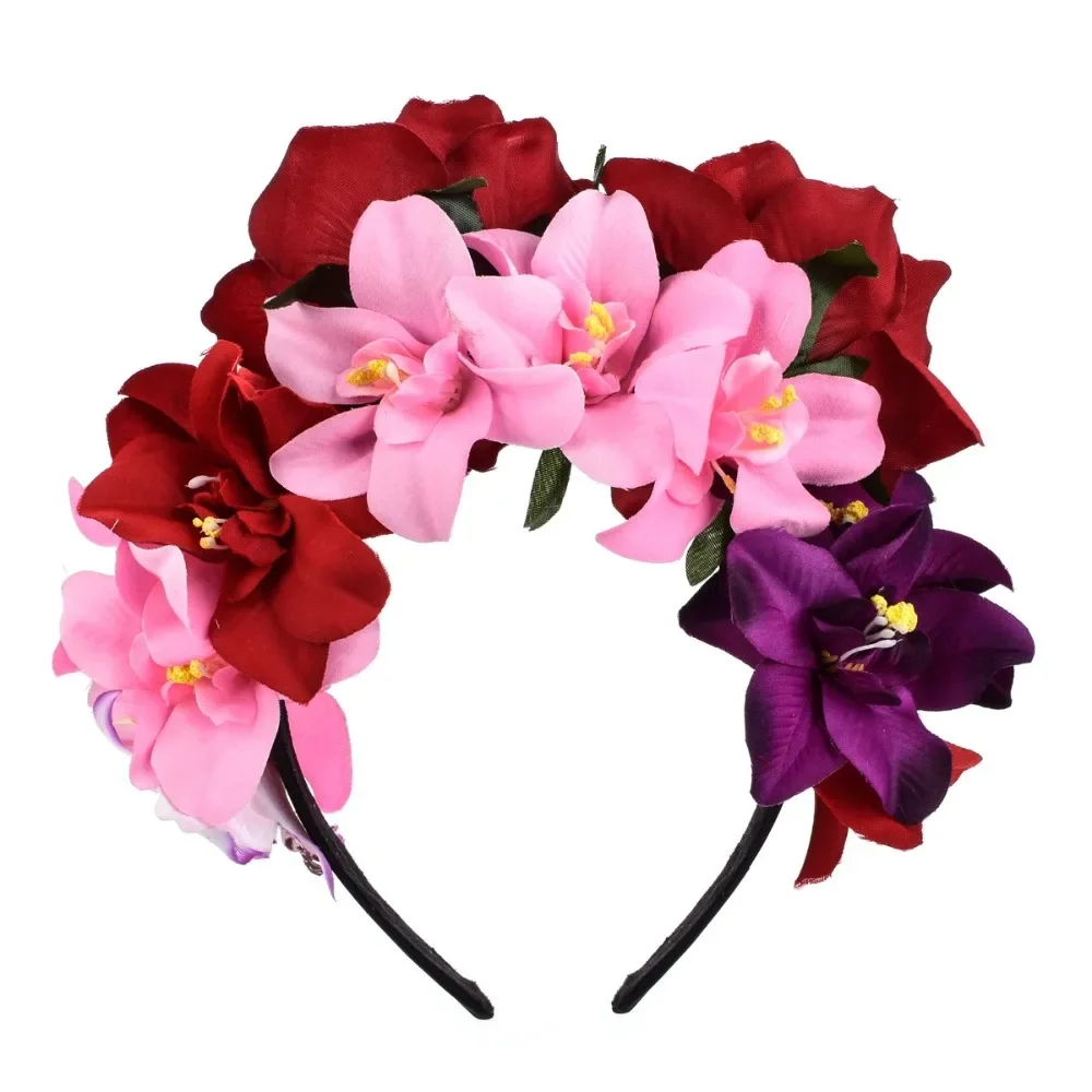 Mexikanischer Tag der Toten Rotes Rosen-Blumen-Stirnband, Künstliches Blumen-Haaraccessoire für Halloween, Katrina Cosplay Kopfreif – Detail 6