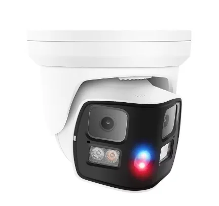 Dual Lens AI PoE Turret Camera, 180° Panoramic, Red & Blue Flashlight Alarm, Active Deterrent, Face Detection