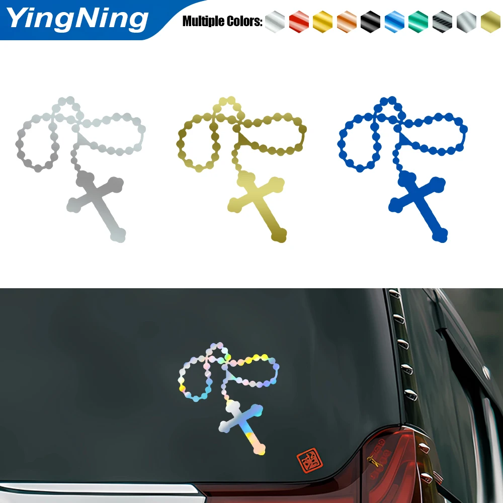 Catholic Rosary Beads Car Sticker Christian Cross Vinyl Decal Waterproof Laser Holographic Gold Religious Auto Window Decor