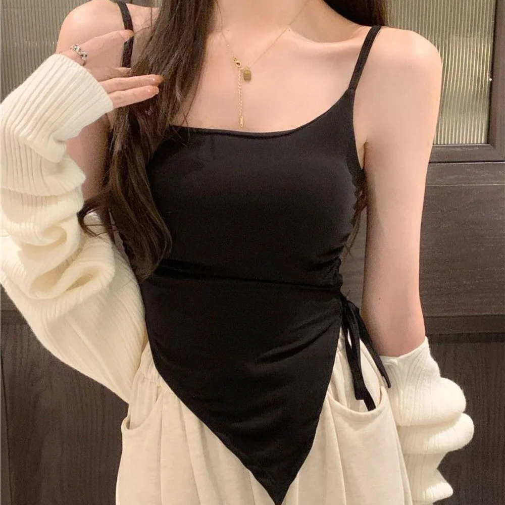 with Chest Pads Summer Lace Up Top New Solid Color Irregular Split Vest Sexy Elastic Top