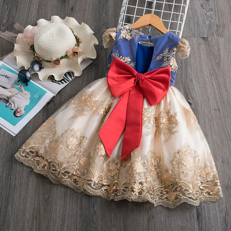 Birthday Party Princess Dress For 4-10 Years Girls Bow Lace Sleeve Flower Ball Gown For Children Backless Knee-Length Costume