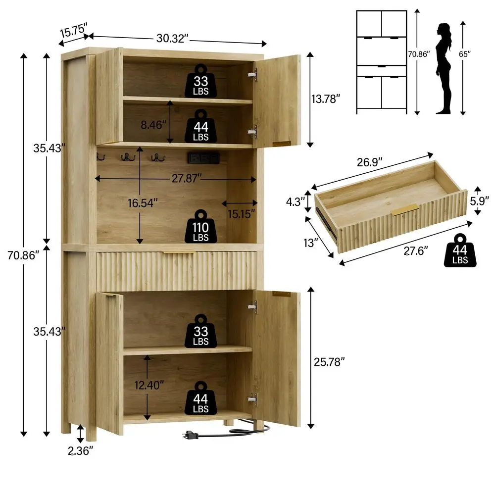 

Шкаф для хранения продуктов с 71 ящиком и зарядной станцией, регулируемыми полками, вместительный кухонный шкаф с открытой столешницей
