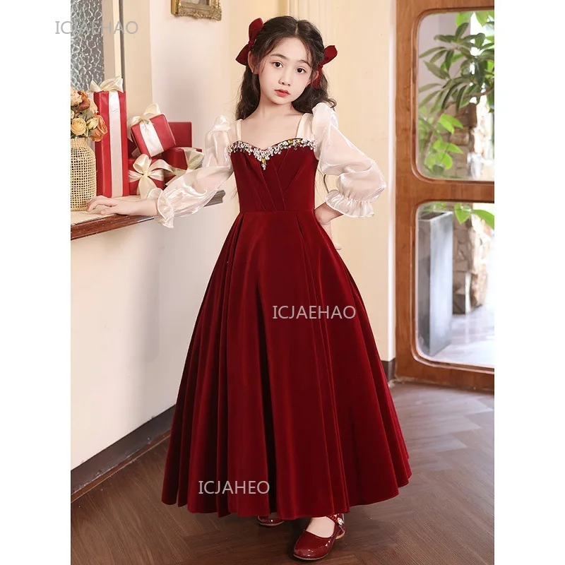 

Красное рождественское платье принцессы для выступлений, вечеринки по случаю дня рождения, торжественное вечернее платье Yuletide для девочек, пышное платье для фортепиано