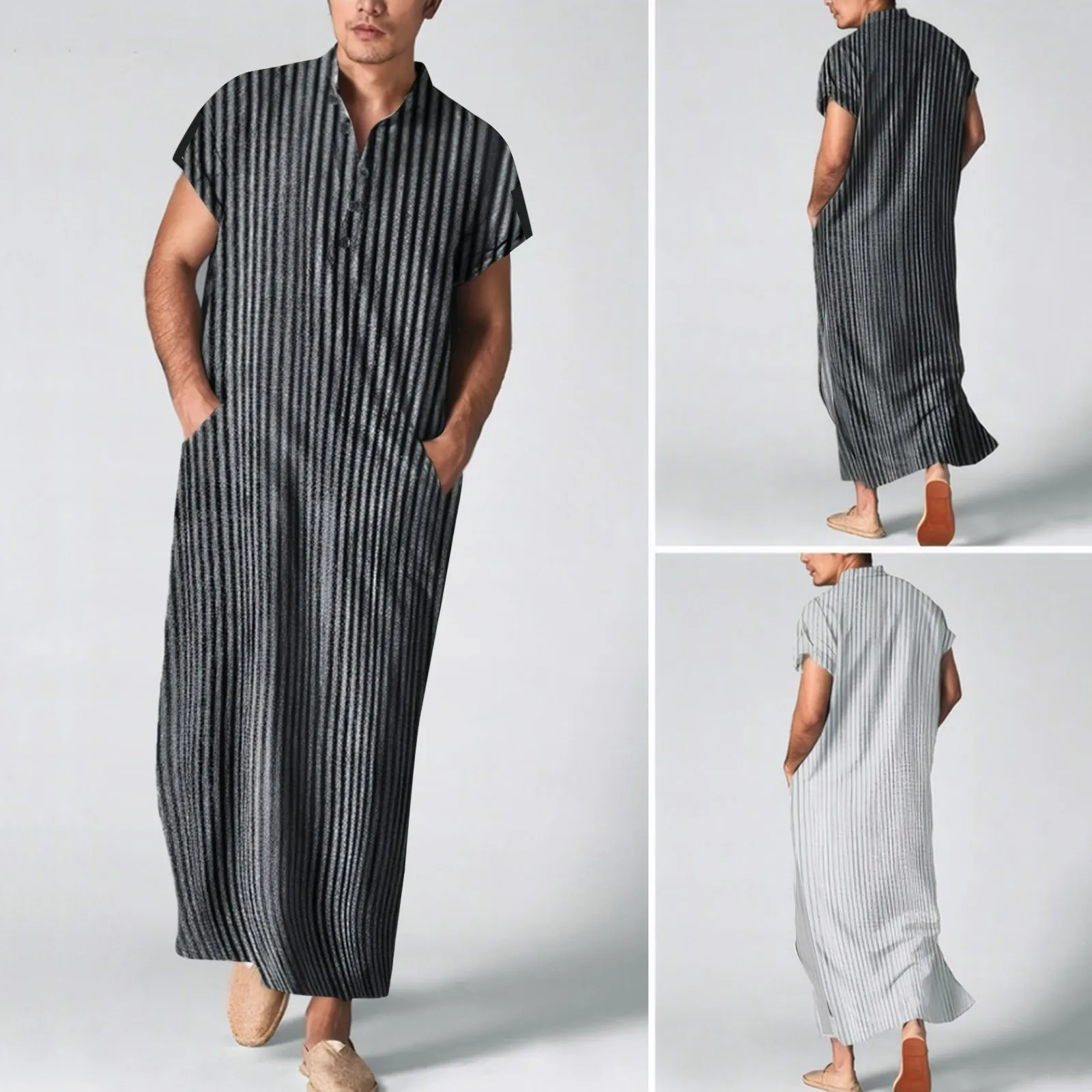 Herren muslimische Streifen drucken bestickte Robe Mode lässig lose Kurzarm mit Taschen islamische arabische Dubai muslimische Robe Shirts