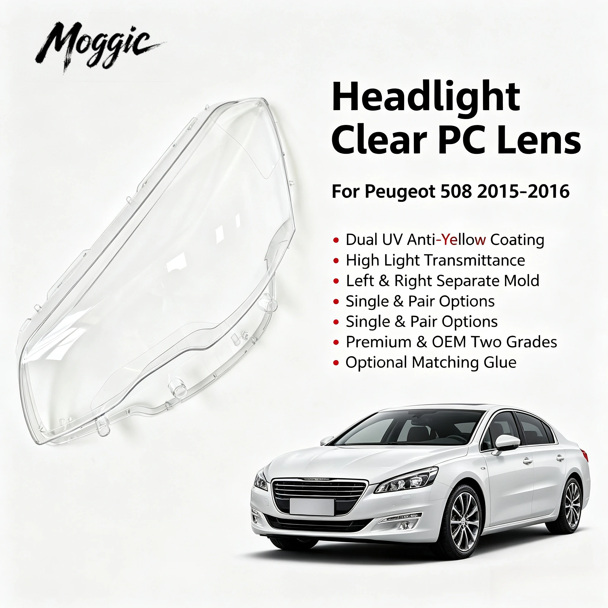 Moggic Headlight Lens Cover Suitable For 508 Sedan Hatchback Model Years 2015 2016 Left Right Side Clear PC Plastic Head