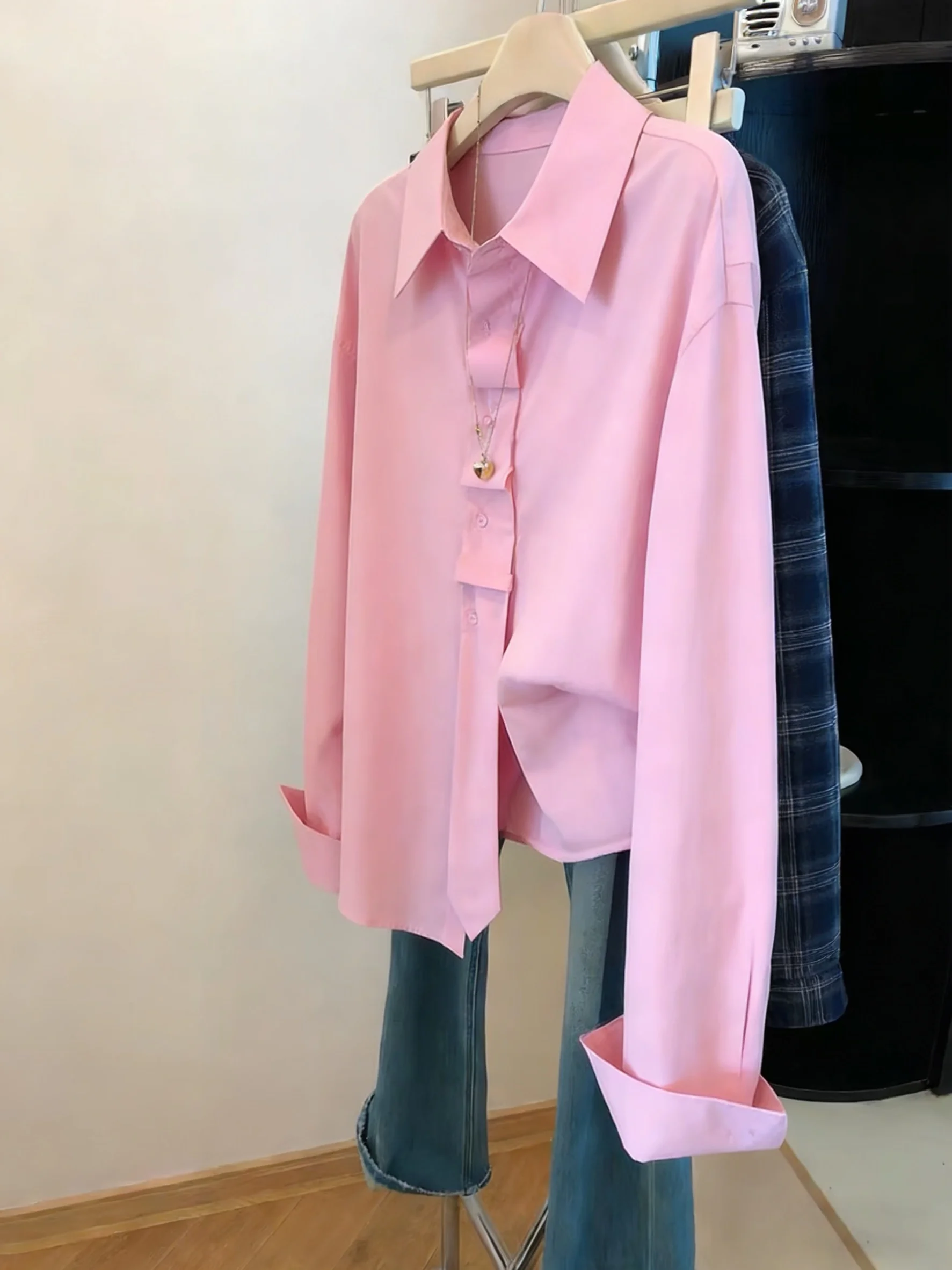 

Dopne Pink Splice Collar Long Sve Loose Casual irt ex Spring Autumn Sweet Simple Sle Ladies' Premium irt