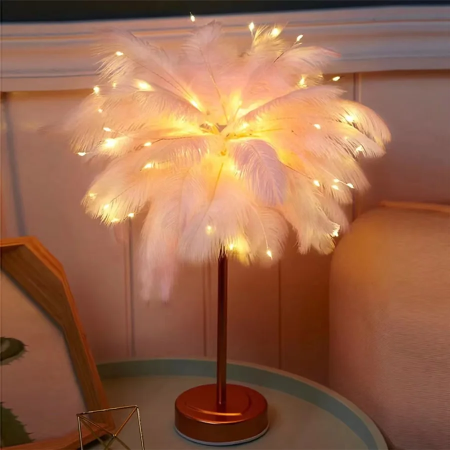 Home Bedroom Decoration Night Lights with Remote Control USB/AA Battery Powered LED Fairy Feather Table Lamps for Wedding Party
