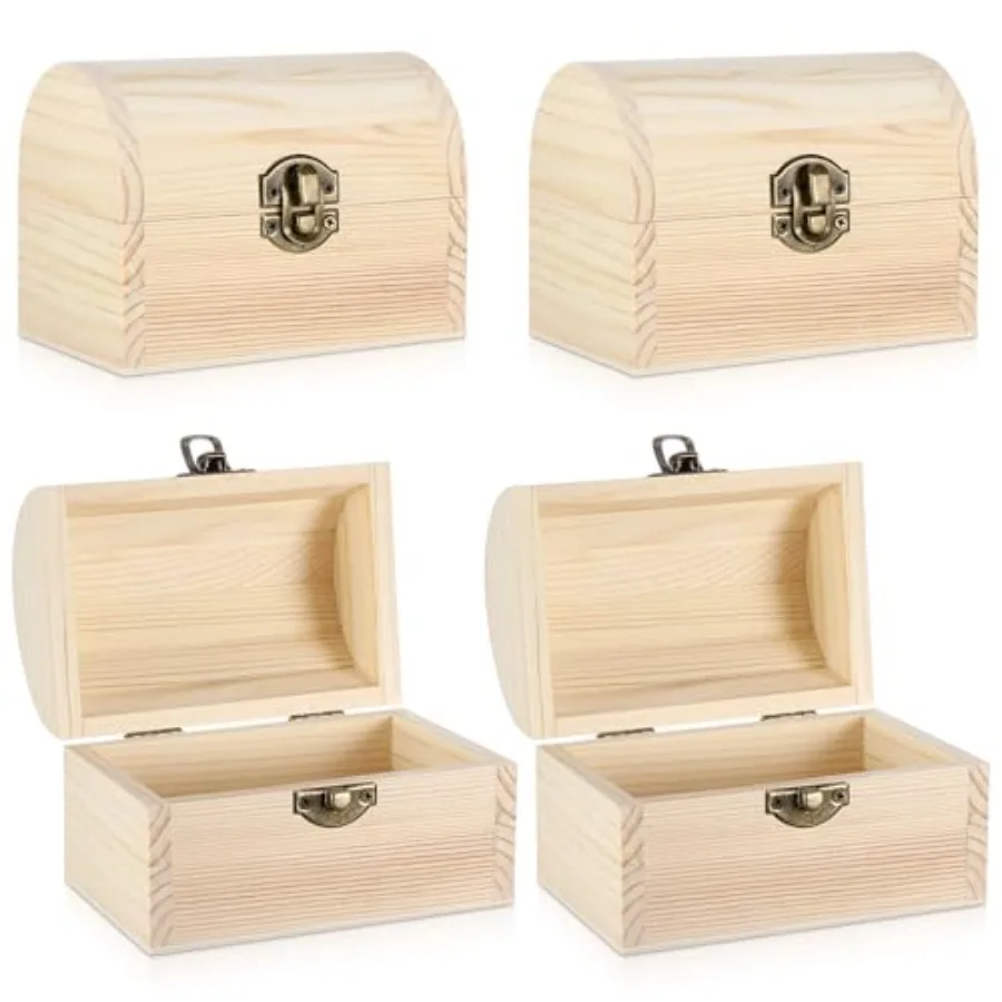 

4 шт. неокрашенных деревянных шкатулок-сундуков для поделок, маленькие декоративные деревянные коробки 4,72x3,15 дюйма