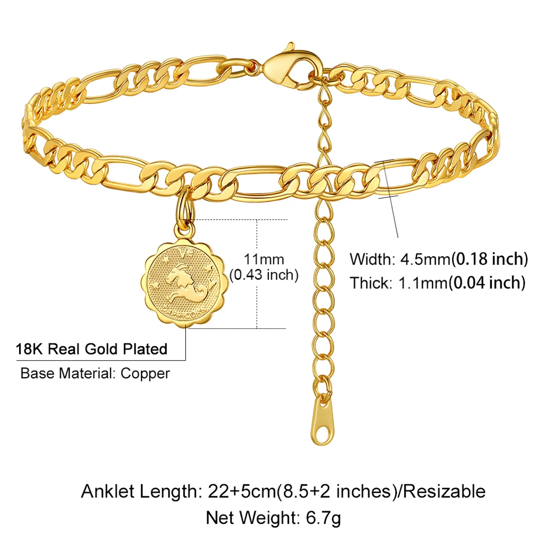 U7 زودياك عملة مستديرة فراشة سحر الخلخال أساور طويلة للنساء 4.5 مللي متر فيجارو سلسلة 8.5 بوصة كوكبة الشاطئ مجوهرات