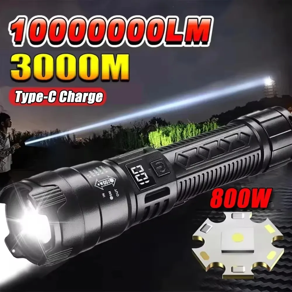 10000LM High Power LED Flashlight Long-range USB C Rechargeable Flashlight Power Display Zoom Lantern For Outdoor Camping Torch