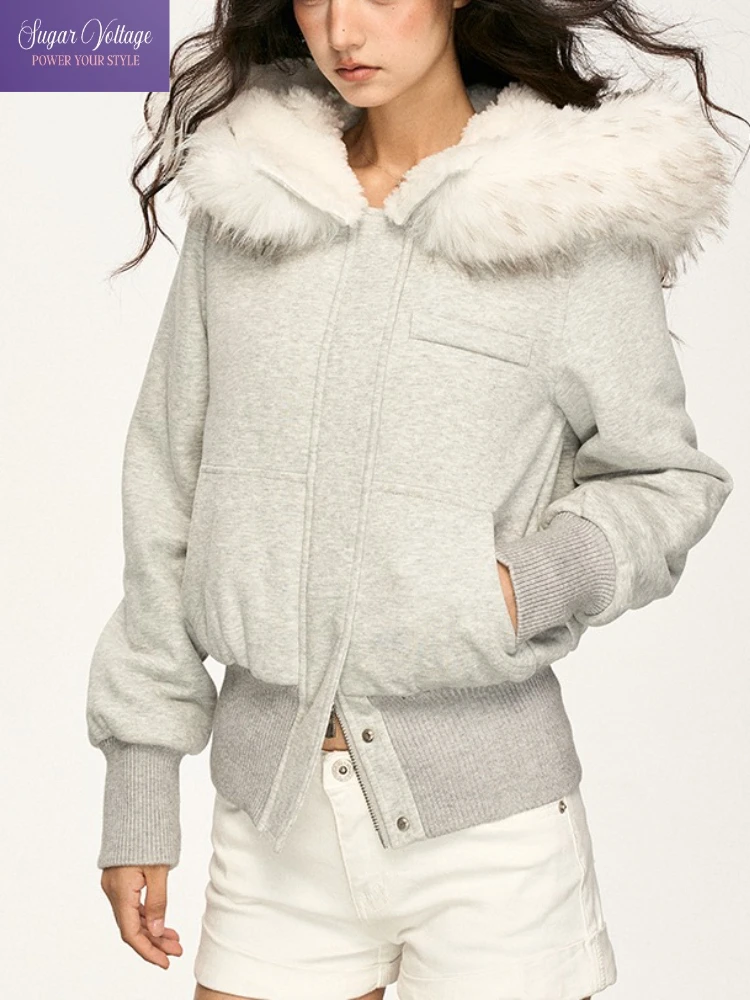 

Элегантная серая хлопковая куртка с капюшоном на подкладке из искусственного меха, женская тонкая осенне-зимняя толстая теплая короткая куртка с пышным воротником, повседневный шикарный стиль