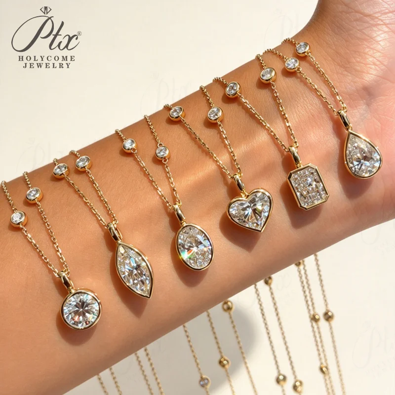 Lab Grown Diamond Pendant Necklace 2ct DEF VS Round Cut Genuine 18K Gold Wedding Party Simple Chain Charms Holycome Jewelry