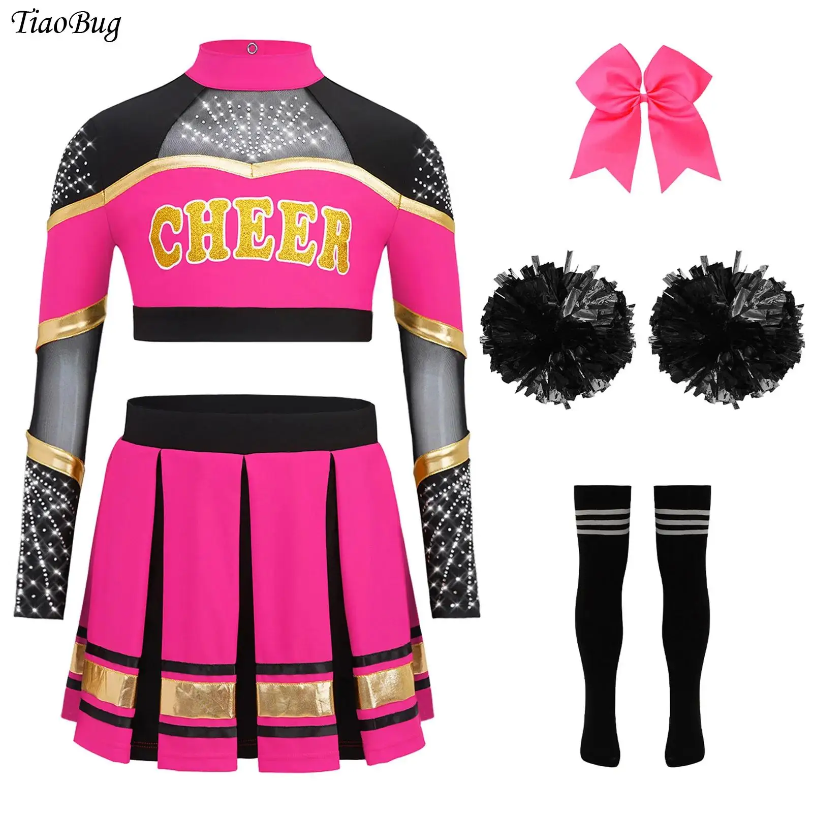 

Girls Cheerleader Costume Set Rhinestones Crop Top And Pleated Skirt Socks Headwear Cheerleading Uniform School Performance Suit