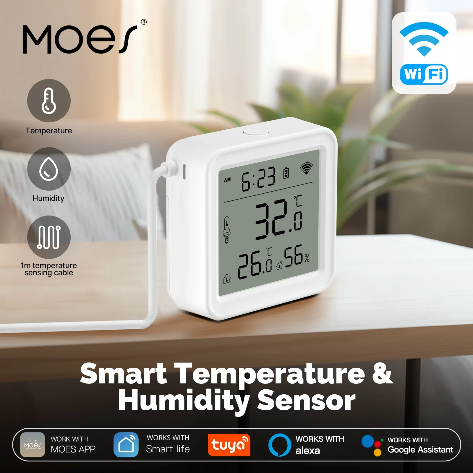 MOES Tuya WiFi Sensor inteligente de temperatura y humedad 1M Cable de Sensor externo sonda aplicación remota Monitor funciona con Alexa Google Home