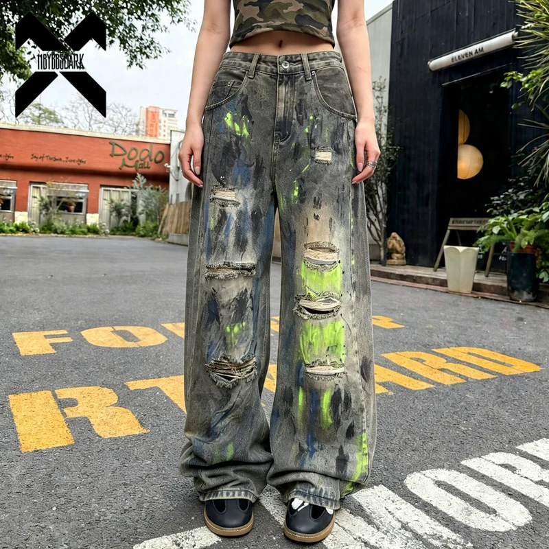 2026 New Streetwear Distressed Jeans Paint Splatter Ripped Straight Denim Pant American Loose Casual Long Trousers Black