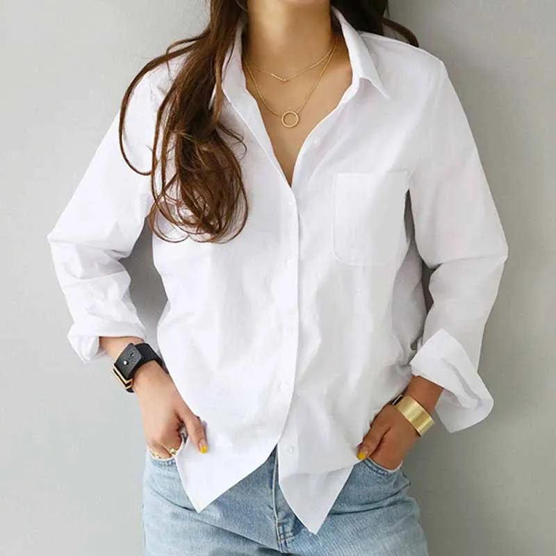 Blusas Casual Ladies Blouse Cotton White Shirt Women Fashion Long Sleeve Clothes Button Up Loose OL Style Women\'s Tops