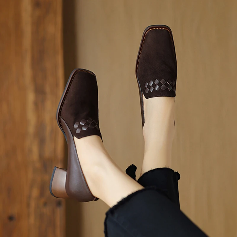 NEW Spring/Autumn Women Loafers Sheep Suede Leather Shoes for Women Square Toe Chunky Heel Black Shoes Concise Weave Women Pumps