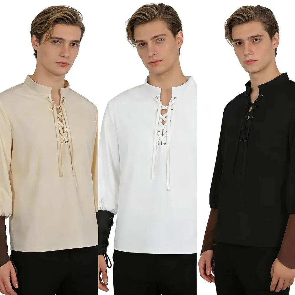 Nowa kolekcja odzieżowa na wiosnę i jesień 2025: średniowieczna gotycka koszula męska z damskim topem z długim rękawem w jednolitym kolorze.