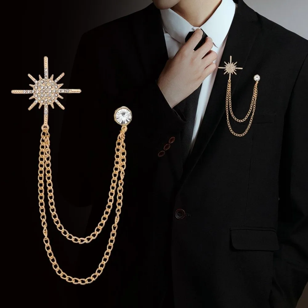 New Tassel Chain Star Rhinestone Brooches Palace Style Metal Suit Coat Pin Baroque Silver Crystal Lapel Pins Gifts