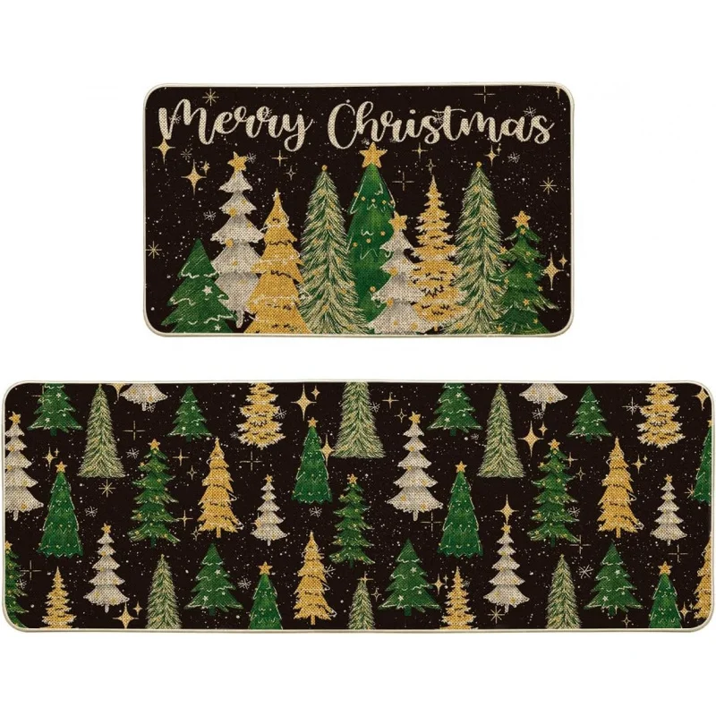 Black Christmas Tree Star Kitchen Floor Mat Set of Two Winter Home Decor Door Mat 20inX31in 18inX47in