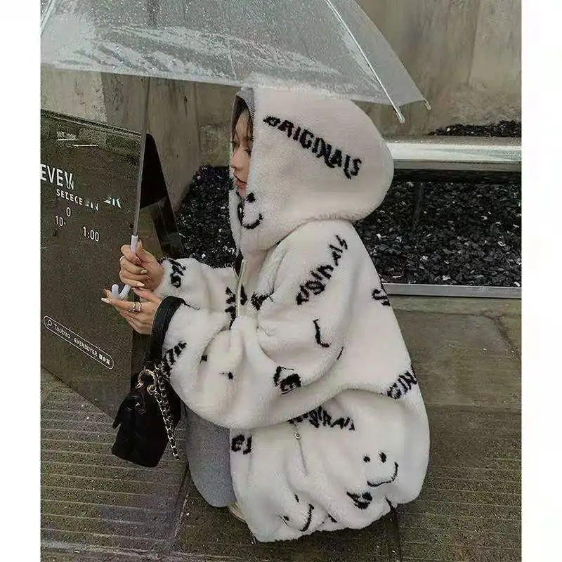 New Korean Version Grain Hair Smiley Hooded Sweater Women's Imitation Fur Lamb Wool Loose Coat