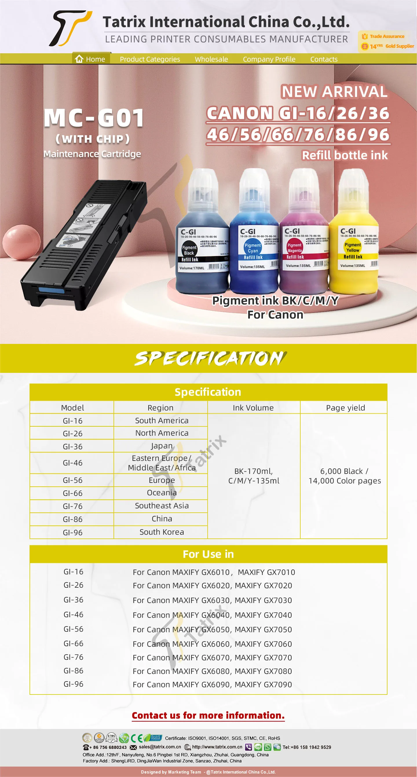 1000ML/Bottle GI16 GI26 GI46 GI56 GI66 GI76 Compatible Refill Ink for Canon MAXIFY GX6040 GX7040 GX5050/GX6050 Printer