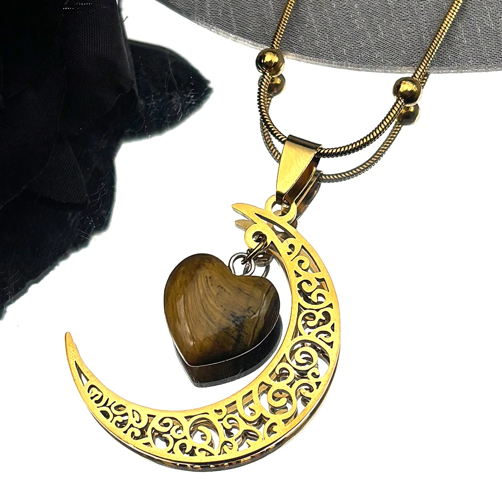 

Witchcraft Witch Crescent Moon Stainless Steel Heart Tiger Eye Stone Chain Necklace for Women Gold Silver Color Chain Jewelry