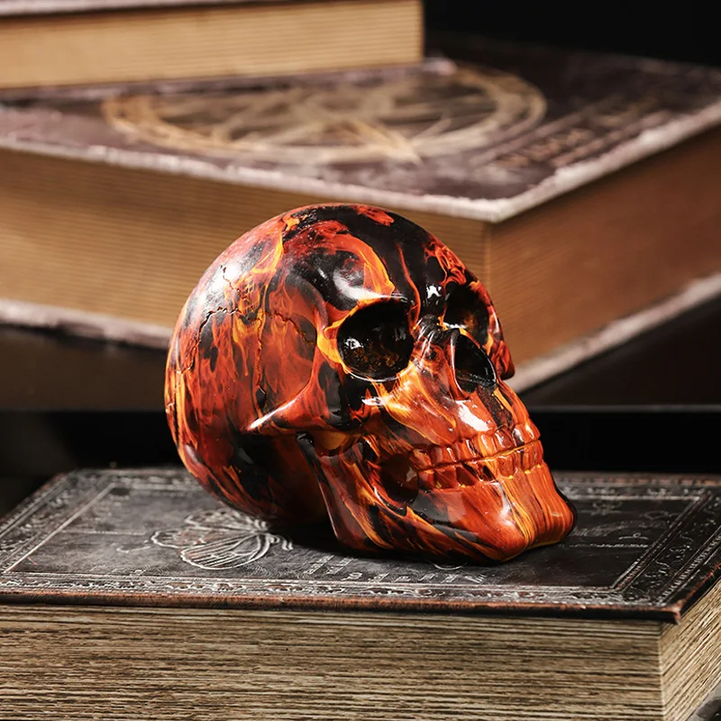 Nordic water transfer printing flame fire skull human head sculpture resin ghost rider art crafts cafe bar for home decoration