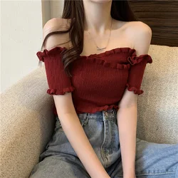 New Off Shoulder T-Shirt Knitting Crop Top European and American Style Dew Shoulder Lapels Short Sleeves Women Clothes