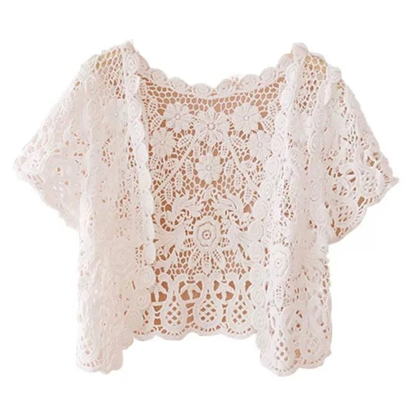 Women Short Sleeve Crochet Shrugs Hollow Out Flower Lace Open Front Cropped Cardigan Sunscreen Scalloped Bolero Jacket