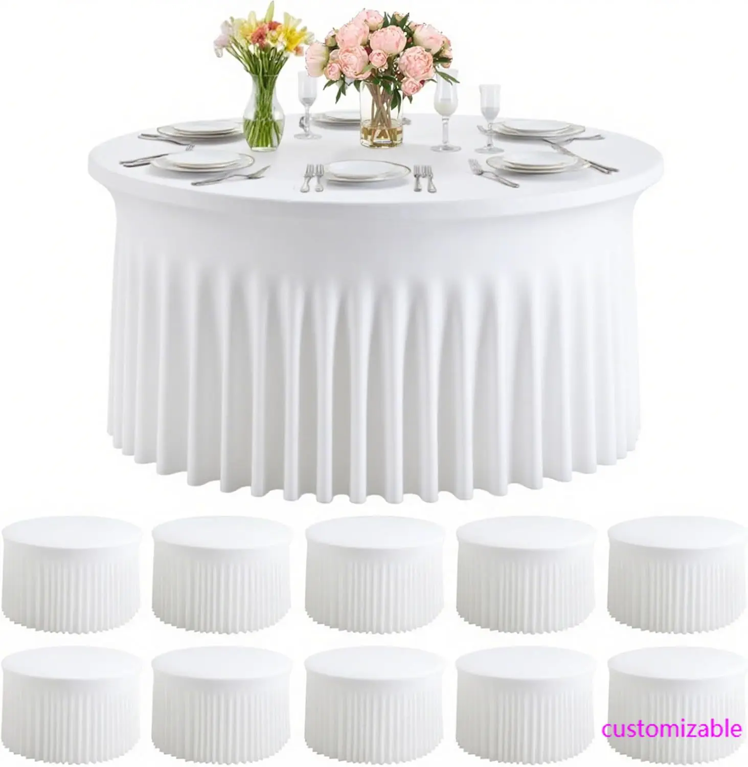 10 عبوات من مفارش المائدة المصنوعة من الألياف اللدنة المستديرة البيضاء لطاولة 60 بوصة، مفارش المائدة المجهزة المصنوعة من الألياف اللدنة مقاس 120 بوصة، بوليستر قابل للغسل خالي من التجاعيد