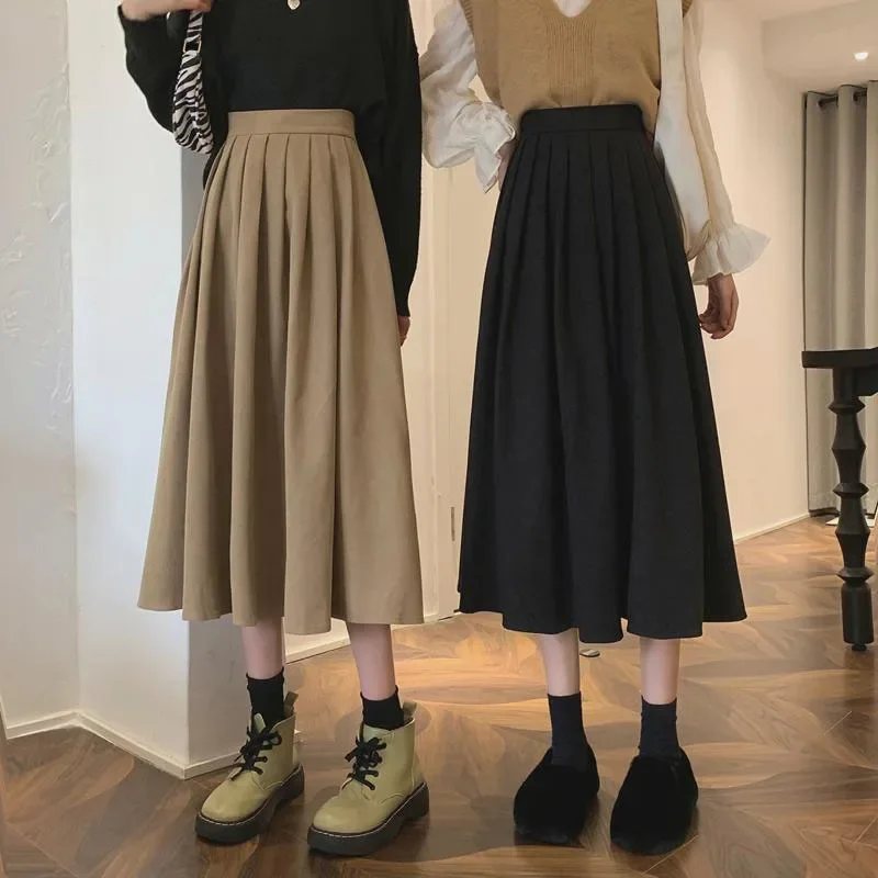 Preppy Stijl Geplooide Rok Voor Vrouwen Herfst Winter Hoge Taille Lange Rokken Vrouw Koreaanse Effen Kleur A Lijn Rokken Vrouw