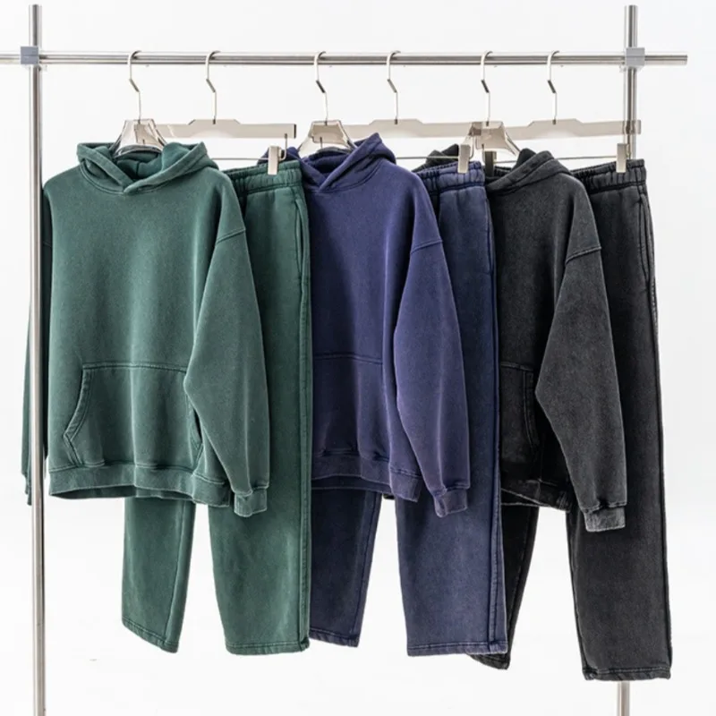 Luxury Design Men‘s Washed Hoodies Set Oversized Hooded Sweatshirt Wide Leg Pants Set Couple Outfit Vintage Streetwear Tracksuit - view 4