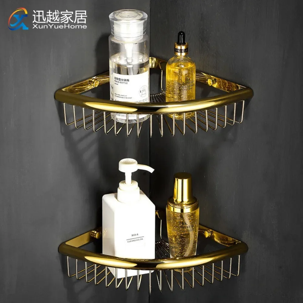 

Corner Shampoo Holder Bathroom Shelf Wall Hooks Hanger Rack Polished Gold Silver Stainless Steel Shower Caddy Toilet Accessories