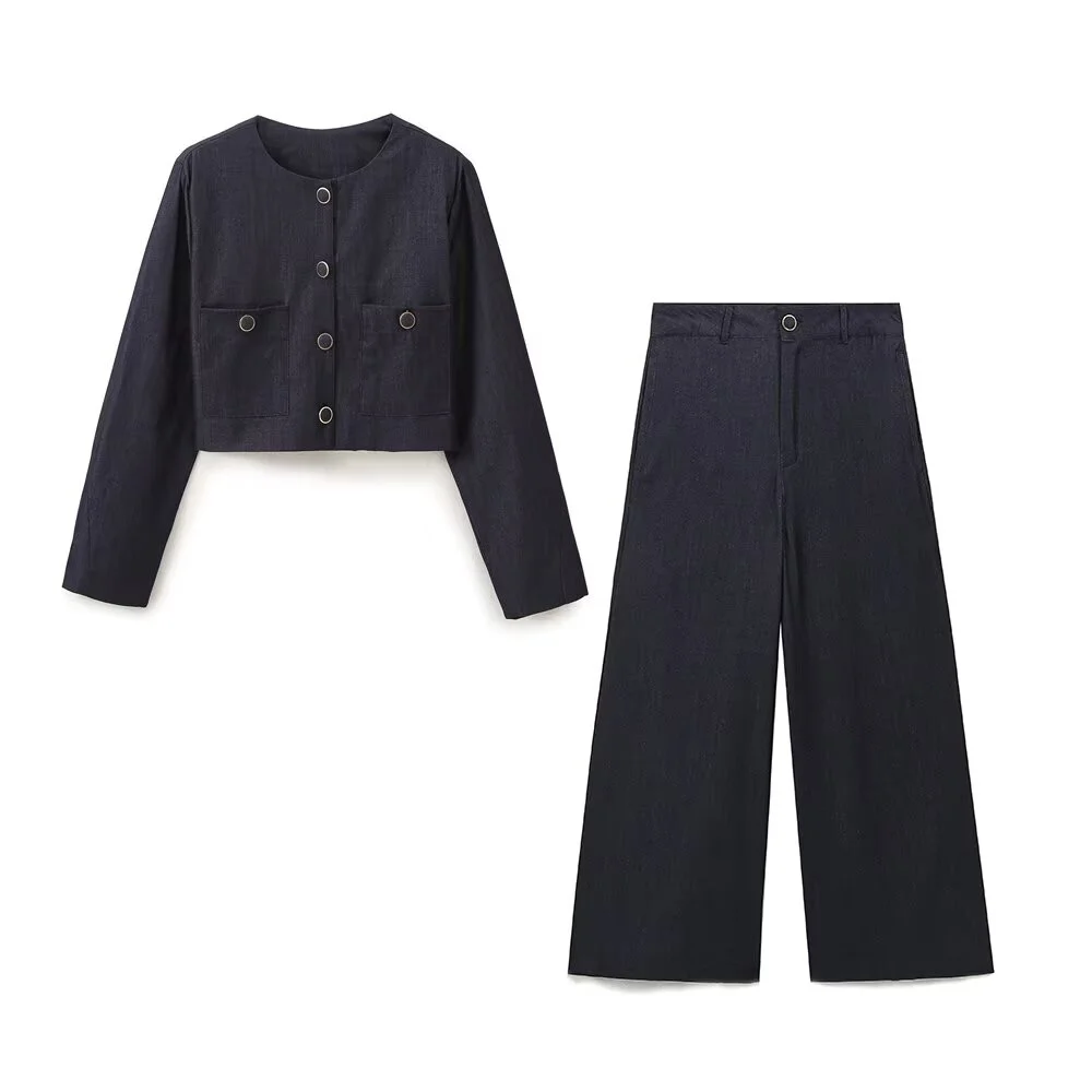 

Autumn New Product Women's Round Neck Buckle Long Sleeve Jacket, High Waist Wide Leg Pants, Casual Set