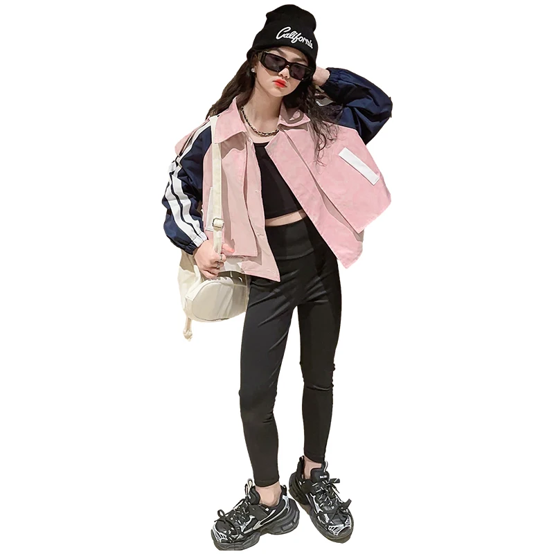 Autumn 2023 Girls Clothing Jackets Children Long Sleeved Coat New Color-block Lapel Jacket Teenage Girl Casual Suit Kids Clothes