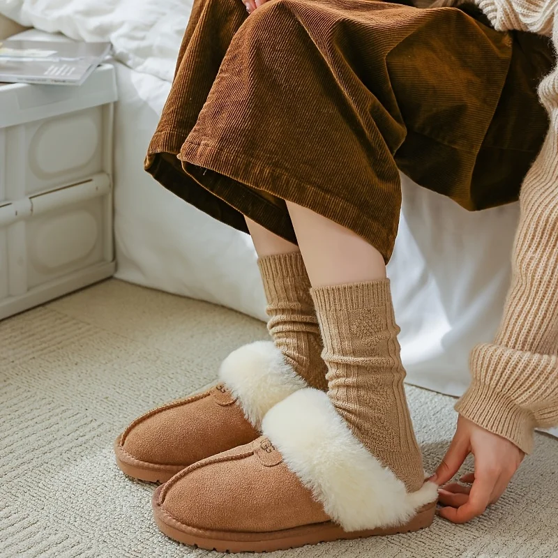 Calcetines gruesos y cálidos de Color crema para mujer, calcetines de tubo medio con patrón de arte Retro, medias y calcetería para invierno, 6 pares