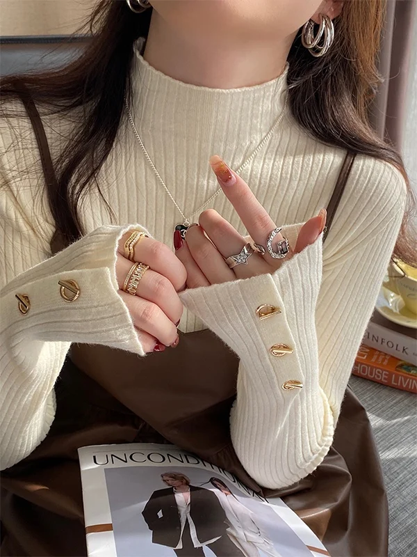 

Женская модная трикотажная базовая кофта с высоким воротником Ele Long Sve для осени и зимы, мягкая, из полиэфирного волокна